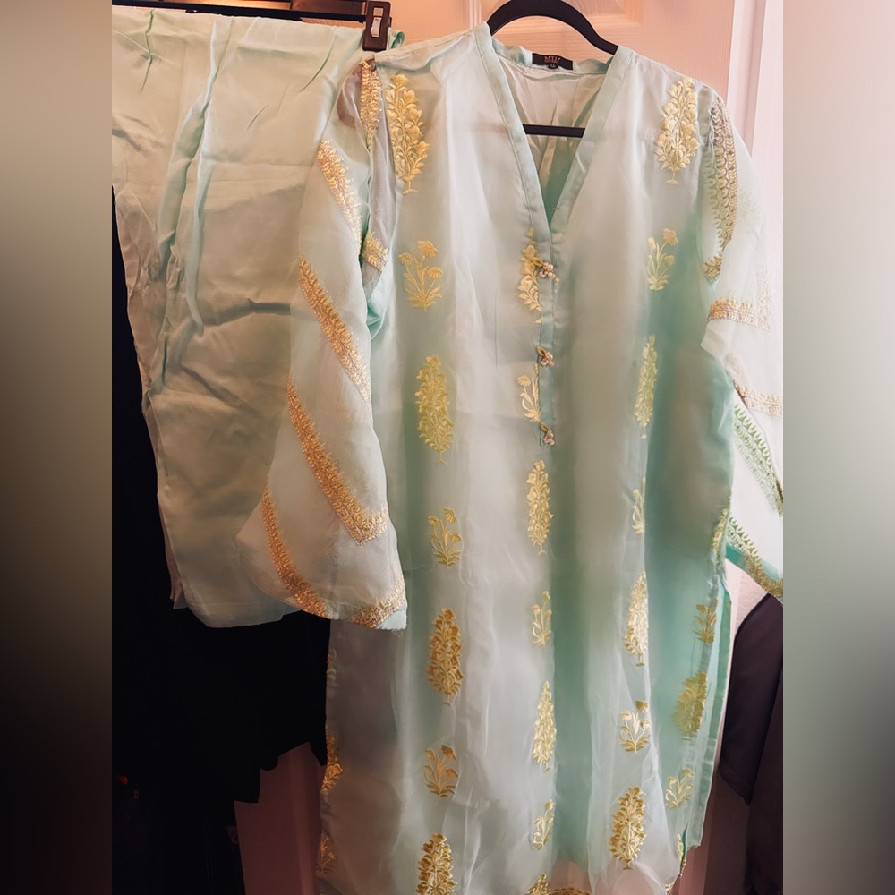 MT Mint Green Kurta pant set with egg yellow Accents